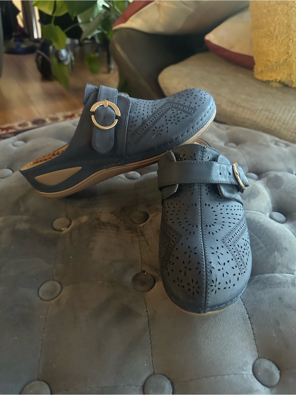 Women’s Navy Perforated Slip-On Clog with Gold Accent